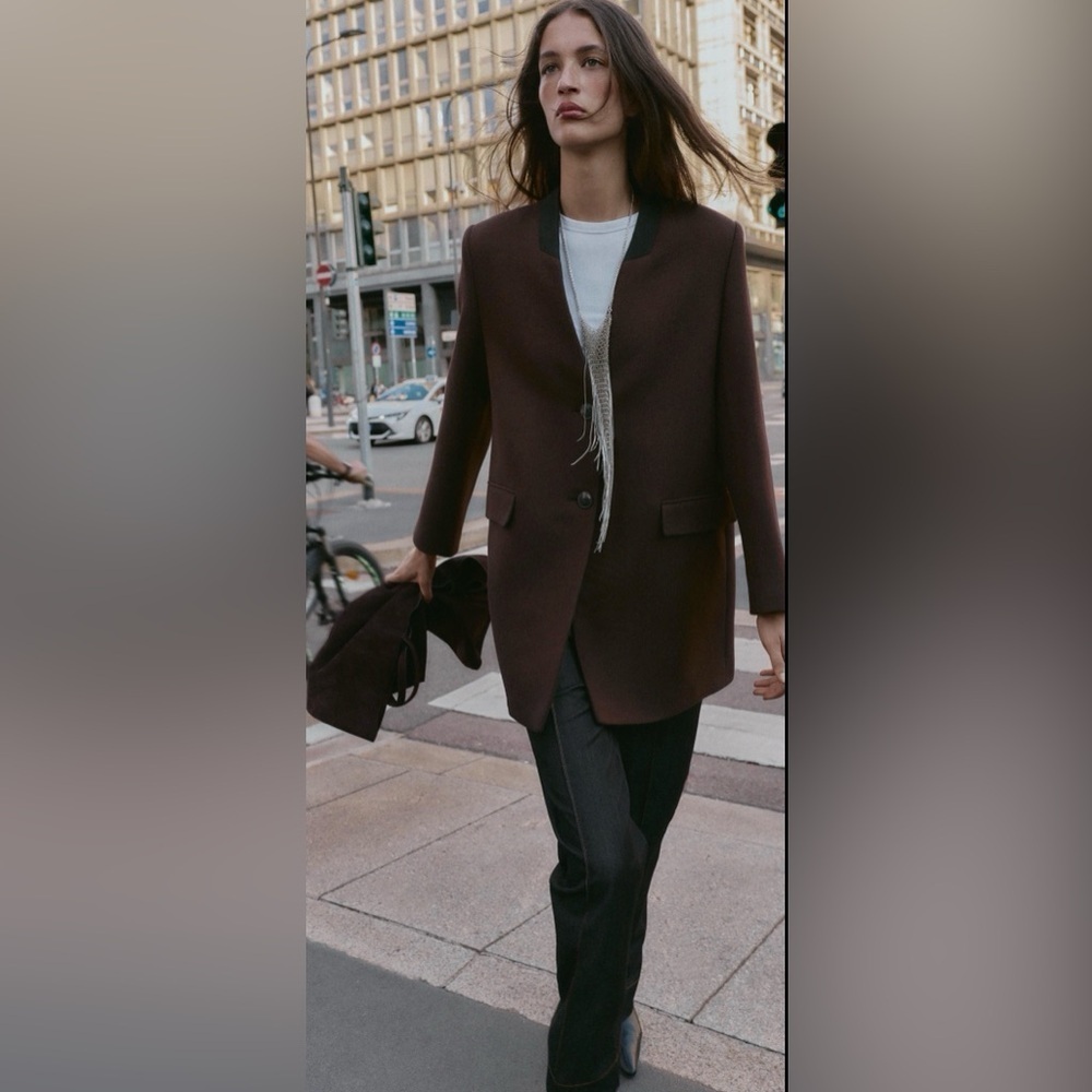 Zara Shoulder Pad Coat Brown Long Blazer Size Small Structured